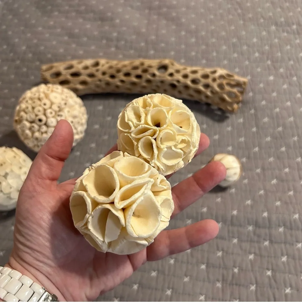 Decorative Natural Textured Spheres and Faux Drift Wood Decor - 7pc Set